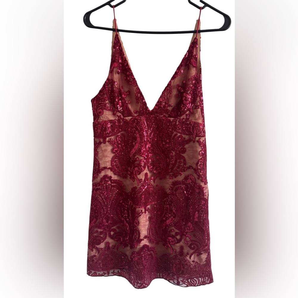 Free People Night Shimmer Mini Raspberry Red V Neck Sequined Dress Size 2 - Picture 6 of 13